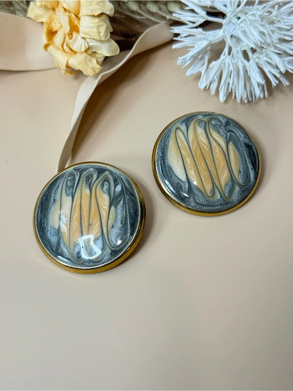 Vintage Oversized Round Abstract Enamel Statement Earrings Gold Tone Pierced